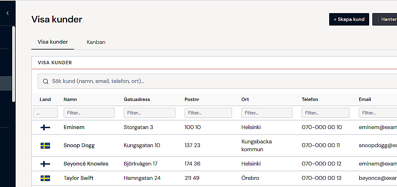 Kundregister i MagicPool med kunder, adresser och kontaktuppgifter.